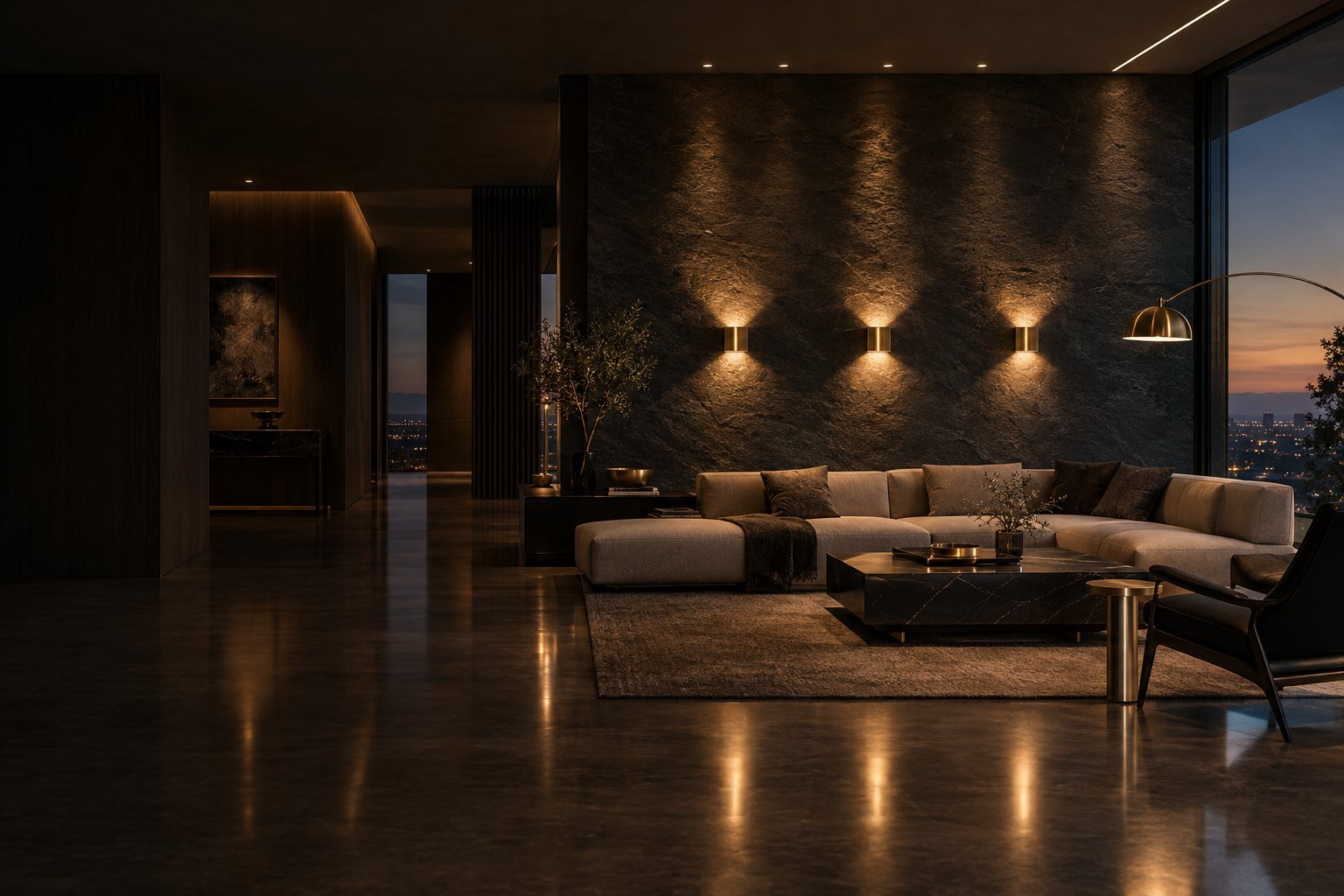Architectural lighting creating a warm, layered living space